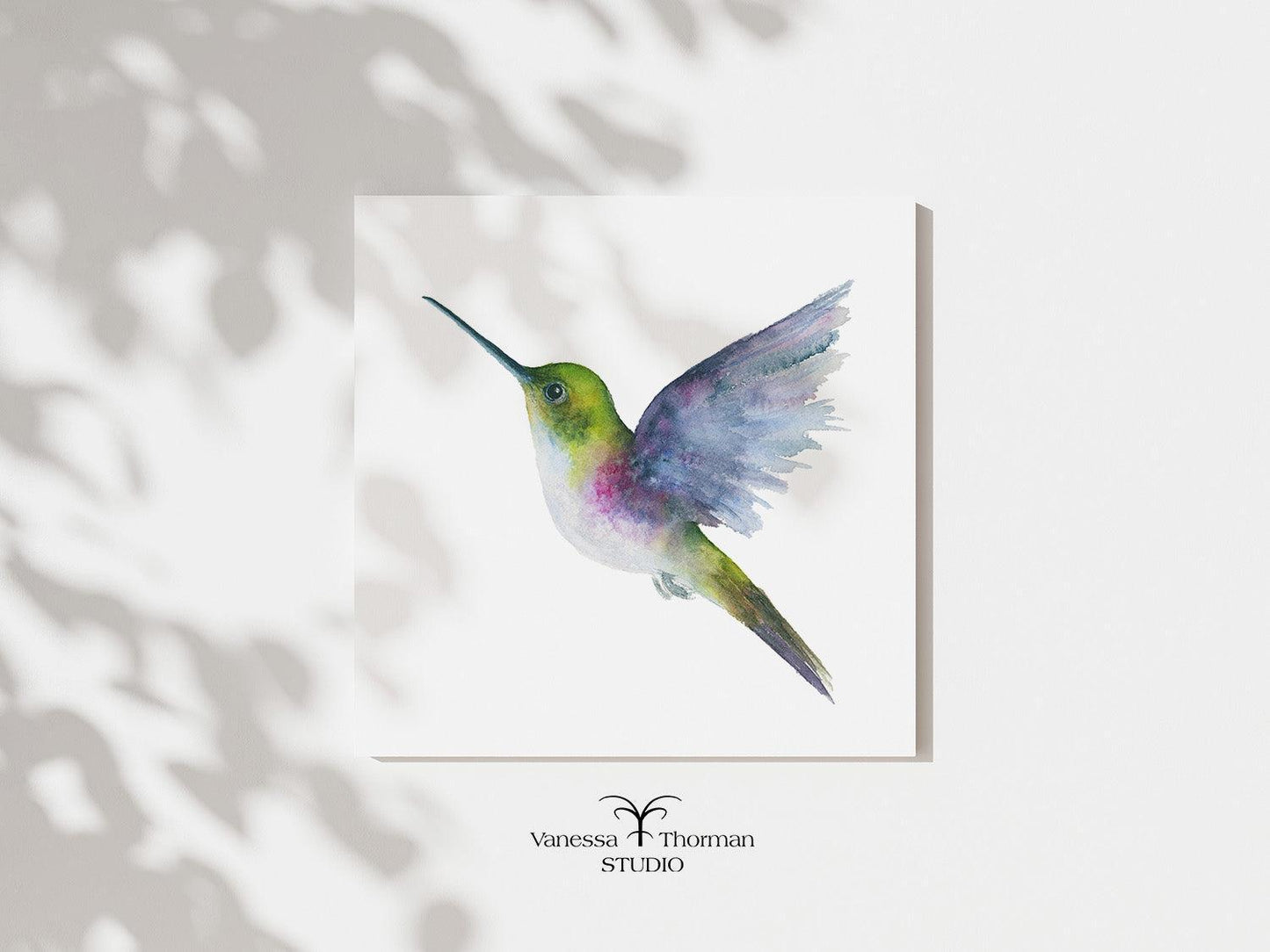 Hummingbird in flight watercolor art print by Vanessa Thorman, unframed