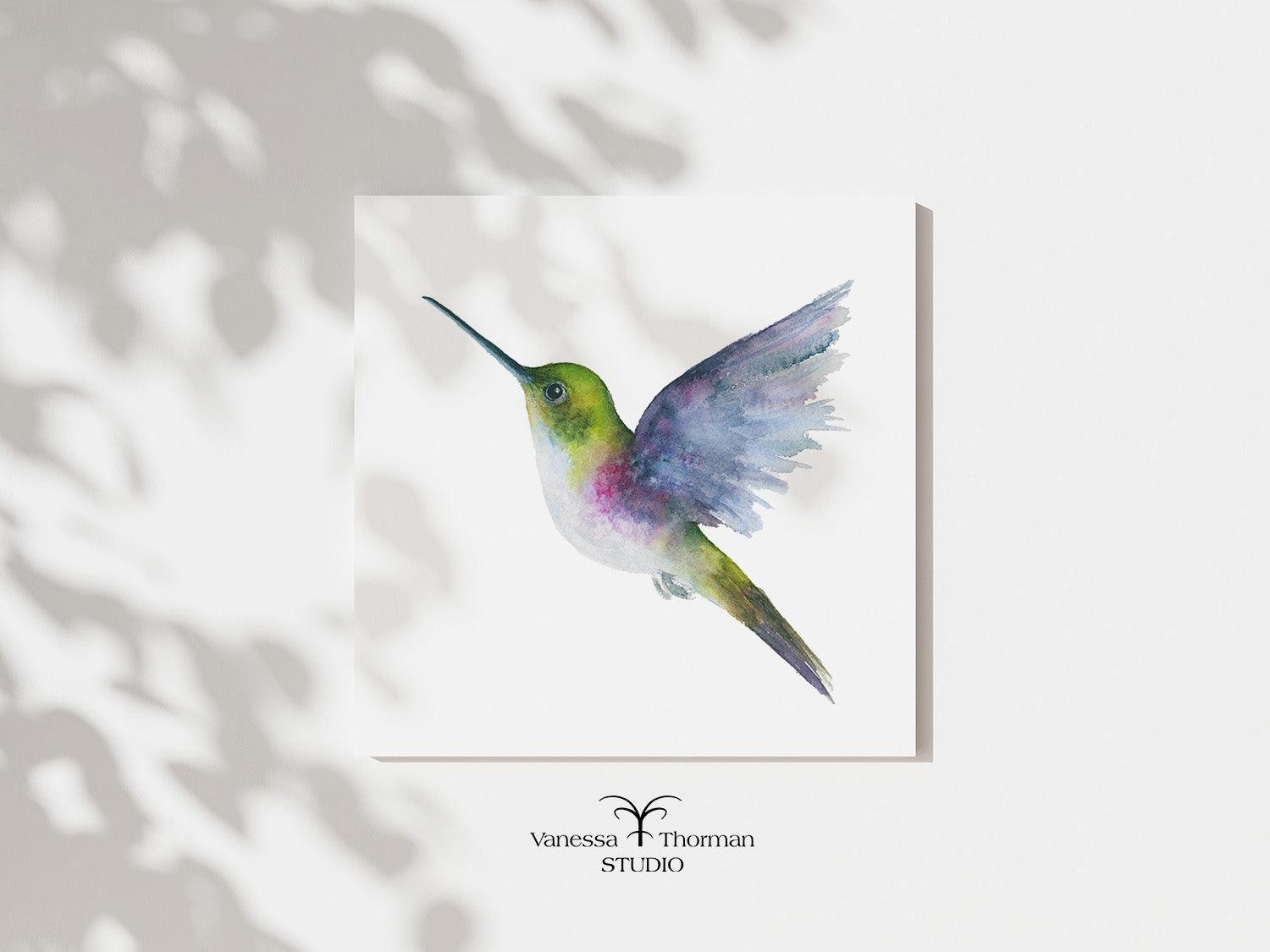 Hummingbird in flight watercolor art print by Vanessa Thorman, unframed