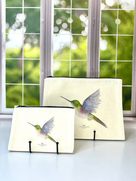 Hummingbird Canvas Travel Pouch - Zippered Bag with Hummingbird Art | Small or Large Size