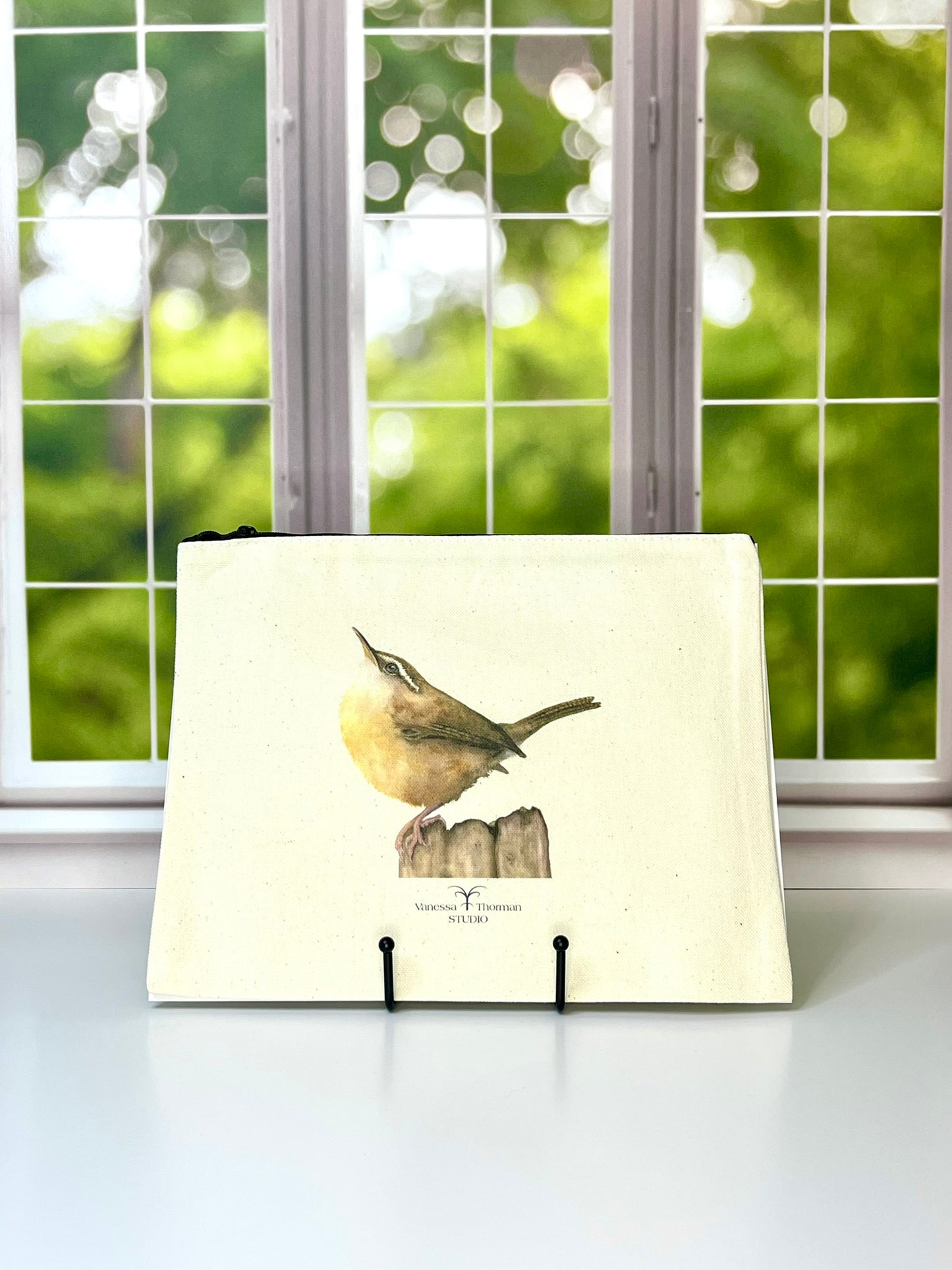 Carolina Wren Canvas Travel Pouch - Zippered Bag with Wren Art | Small or Large Size