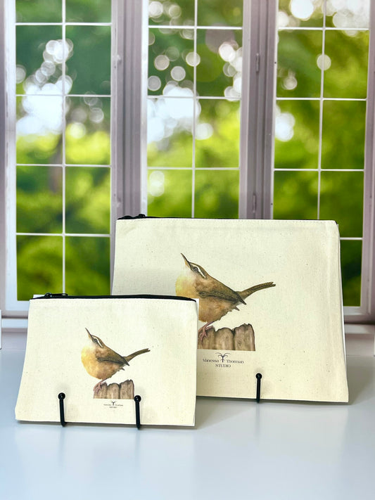 Carolina Wren Canvas Travel Pouch - Zippered Bag with Wren Art | Small or Large Size
