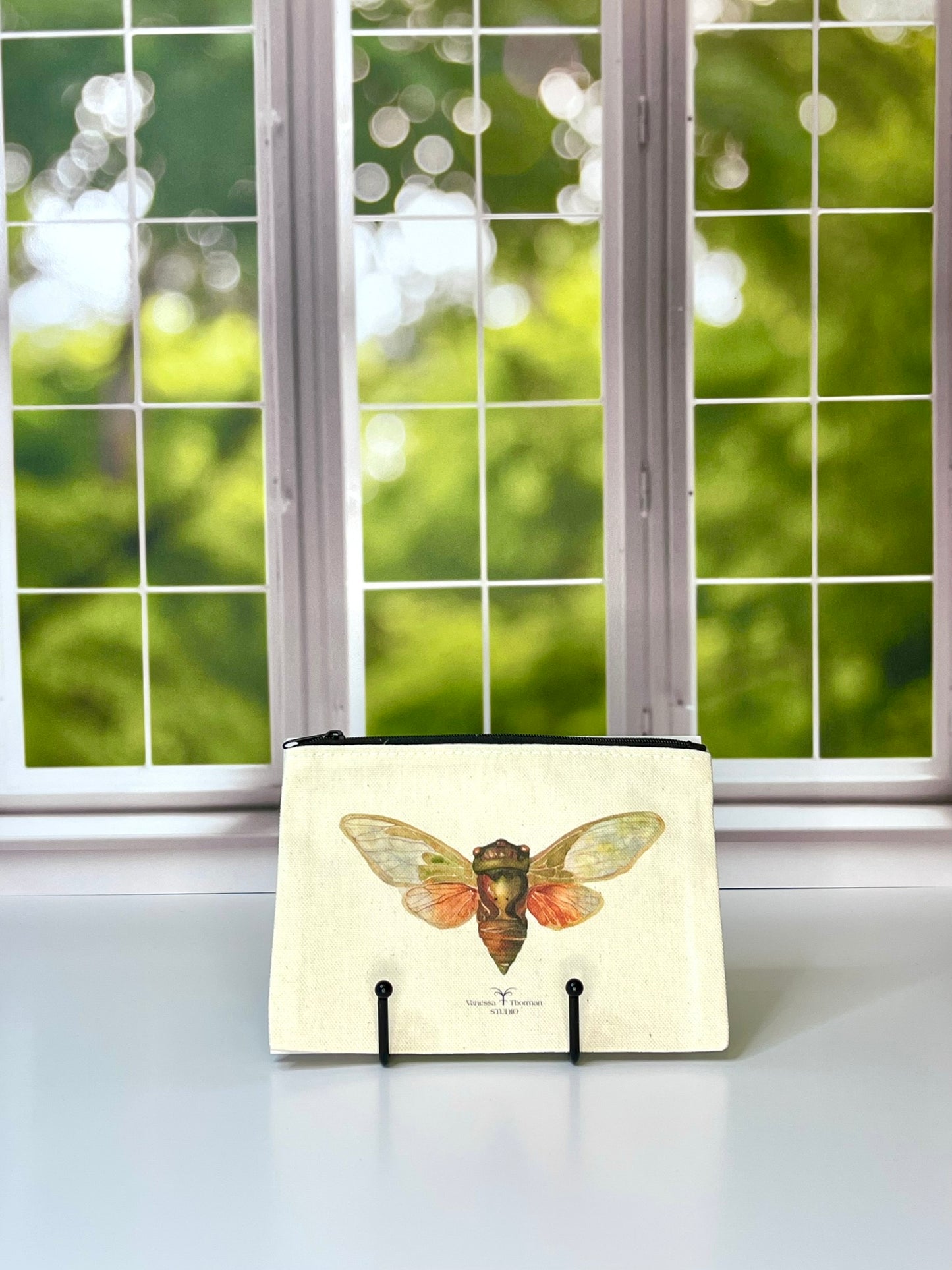 Cicada Canvas Travel Pouch – - Zippered Bag with Insect Art | Small or Large Size