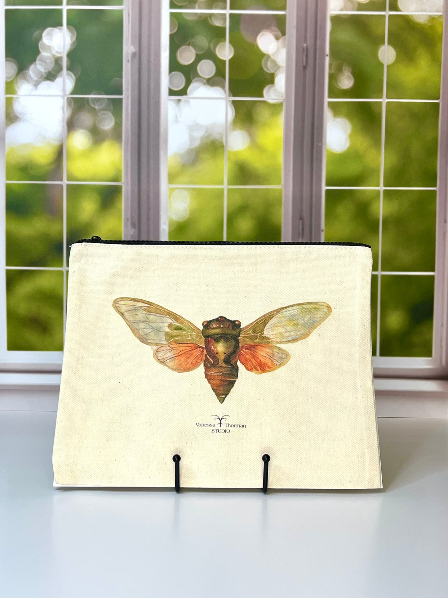 Cicada Canvas Travel Pouch – - Zippered Bag with Insect Art | Small or Large Size