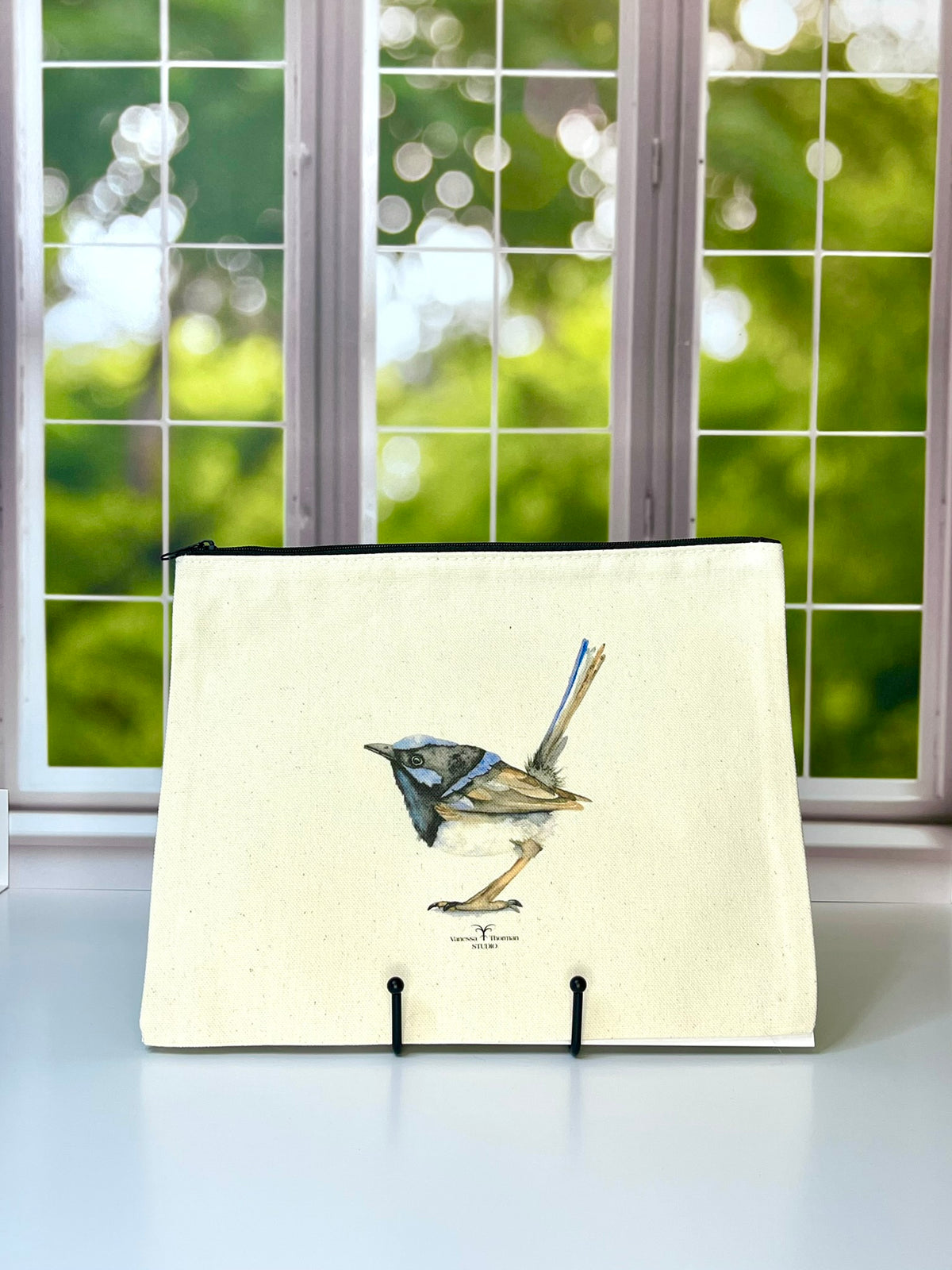 Fairywren Canvas Travel Pouch – Zippered Bag with Wren Art | Small or Large Size