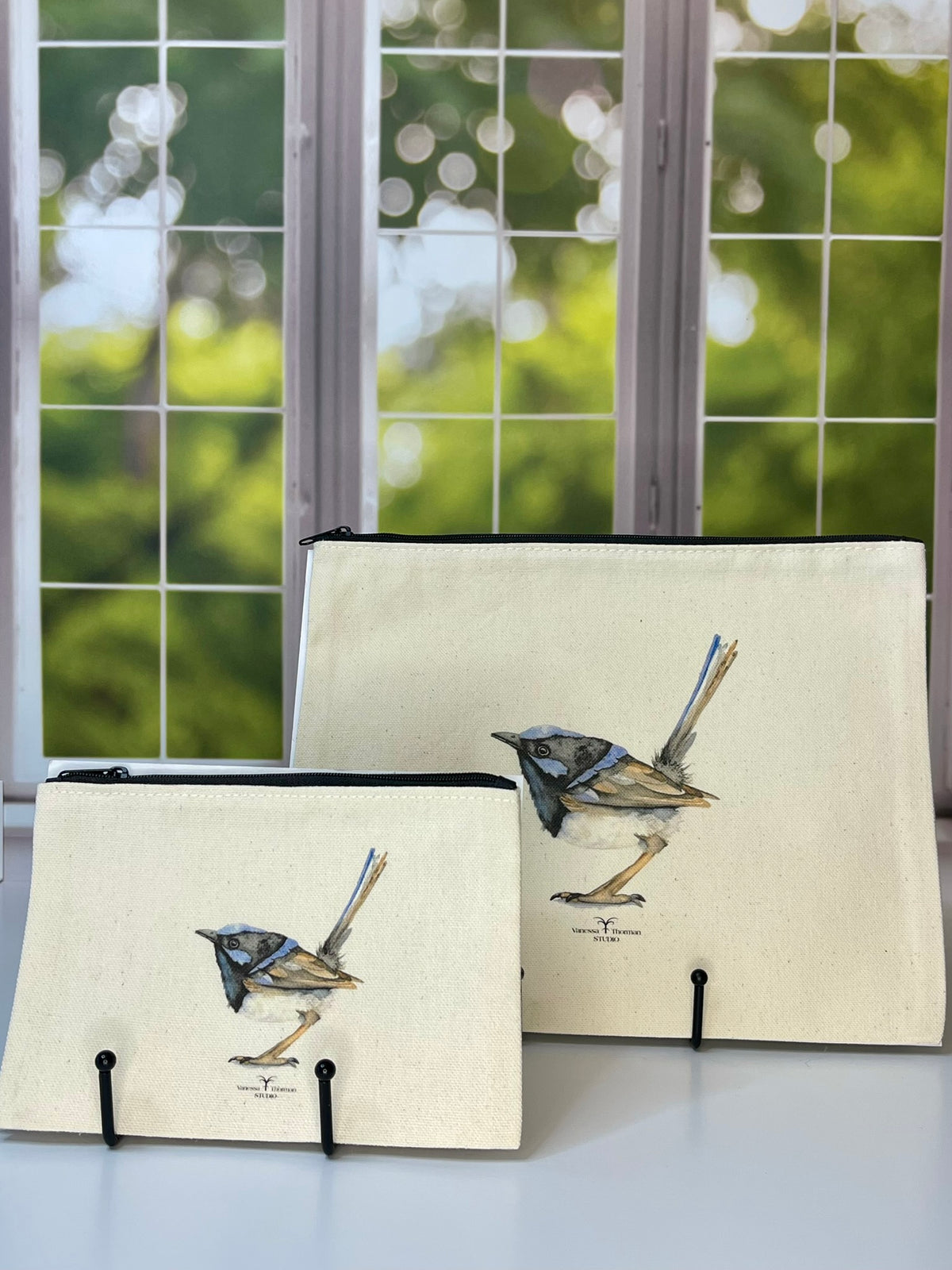 Fairywren Canvas Travel Pouch – Zippered Bag with Wren Art | Small or Large Size
