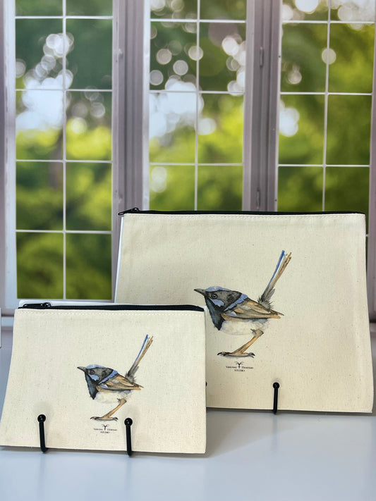 Fairywren Canvas Travel Pouch – Zippered Bag with Wren Art | Small or Large Size
