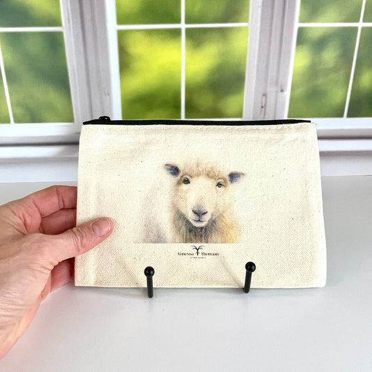 Sheep Canvas Travel Pouch – Zippered Bag with Watercolor Sheep Art | Small or Large Size