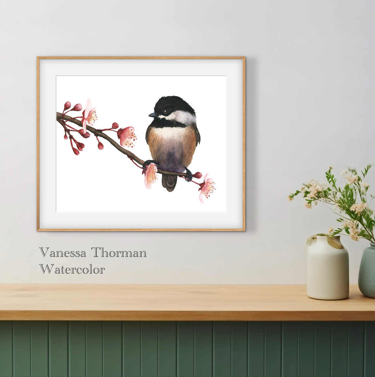 "Spring Chickadee" watercolor art print by Vanessa Thorman