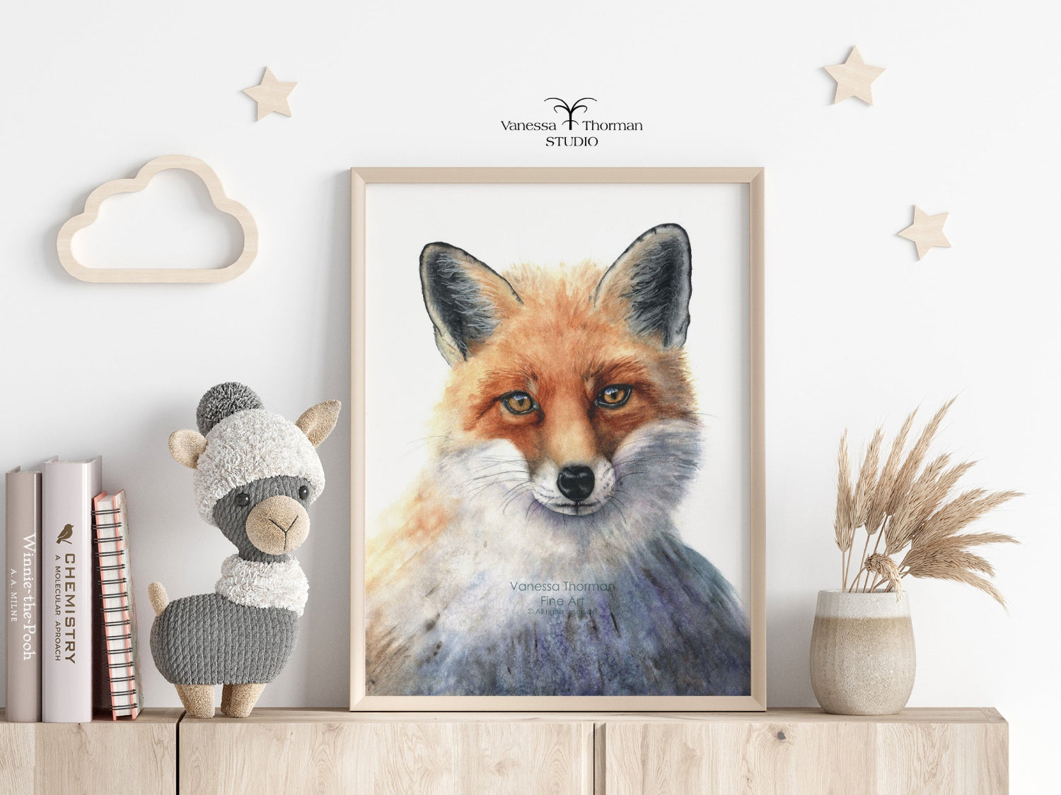 Framed "Italian Fox Portrait" watercolor art print by Vanessa Thorman in a nursery