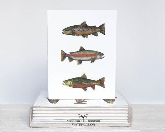 North American Trout Notecard Set featuring Brown trout, rainbow trout, and brook trout.