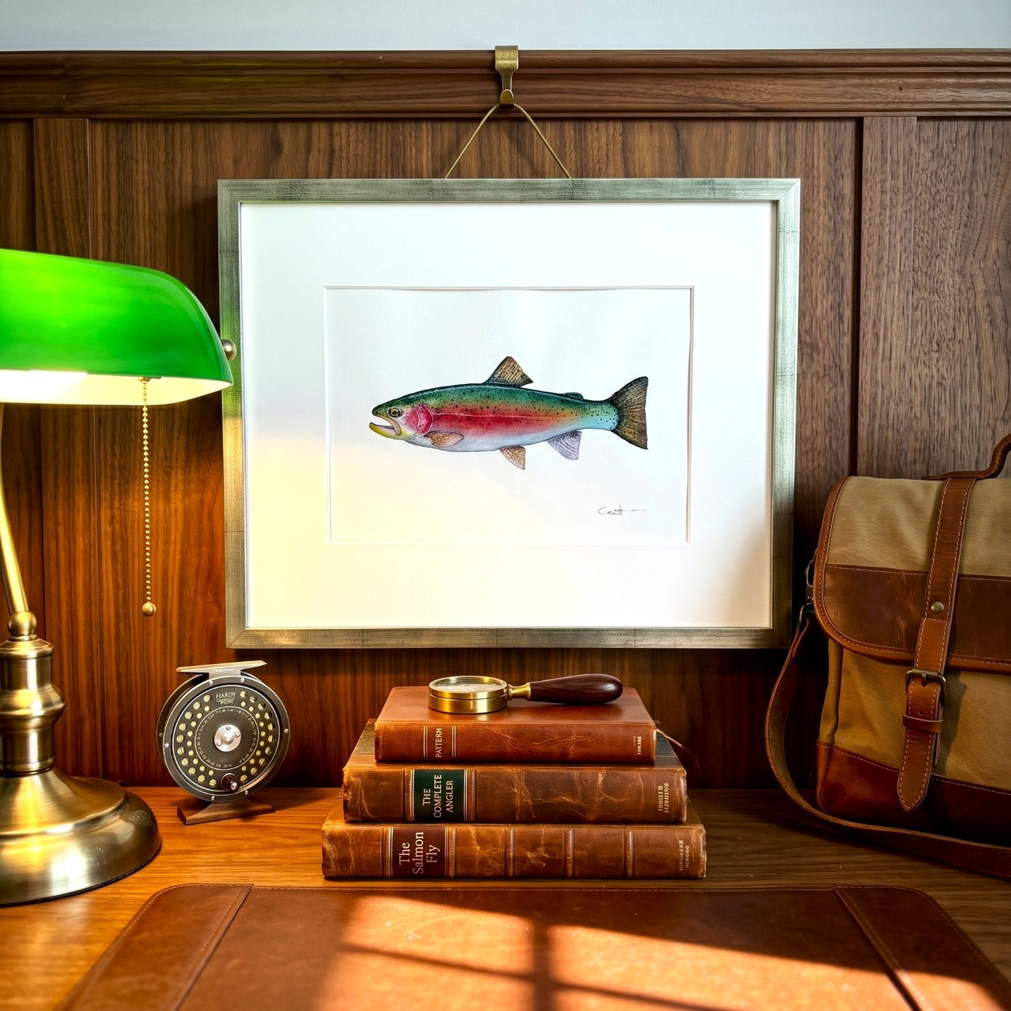 A framed watercolor painting of a rainbow trout by Vanessa Thorman hanging on a dark wood-paneled wall above a desk.