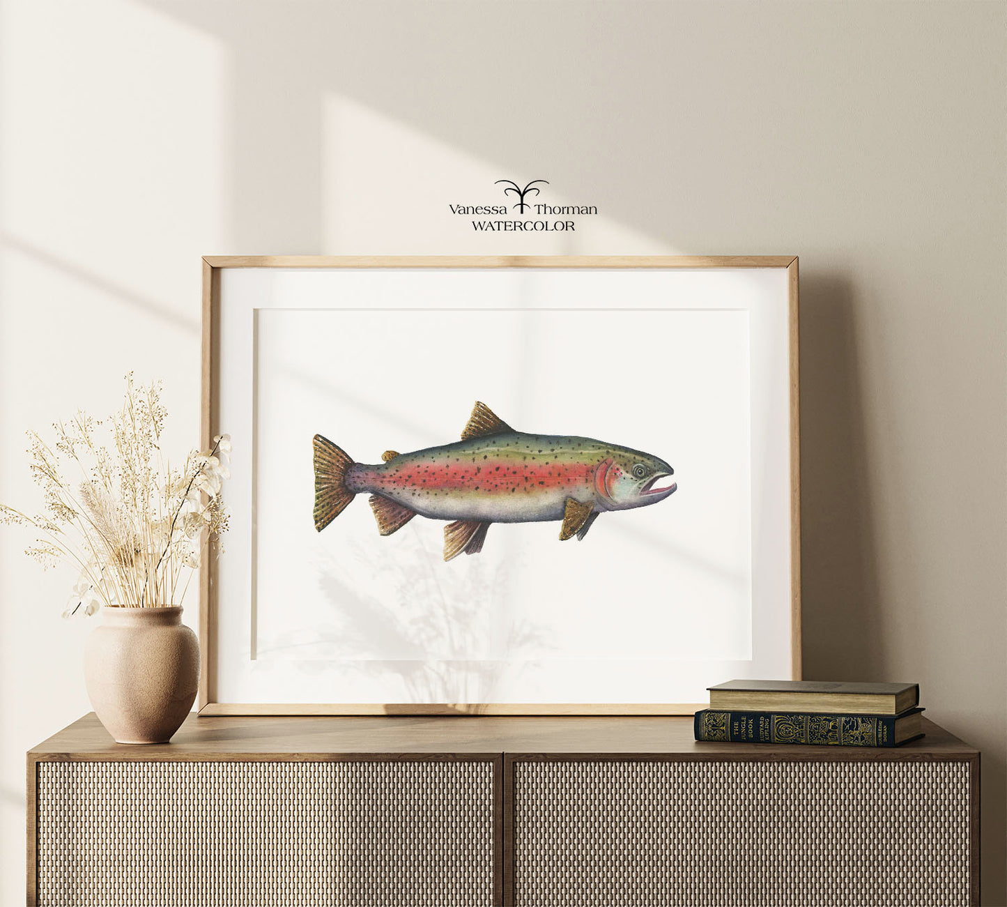 Rainbow Trout watercolor art print in a simple frame on a console table