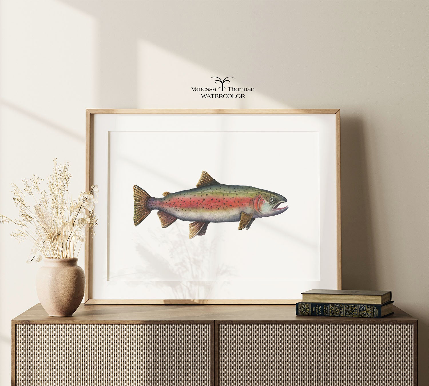 Rainbow Trout watercolor art print in a simple frame on a console table