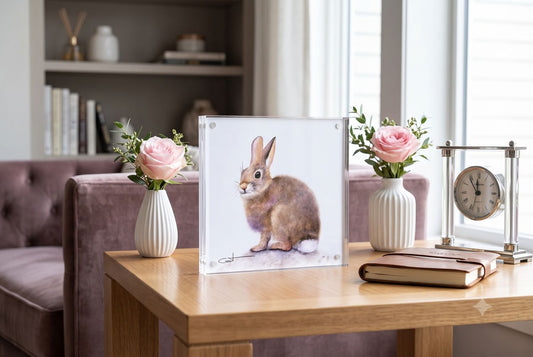 Some Bunny to Love bunny acrylic block desk art displayed on a console table