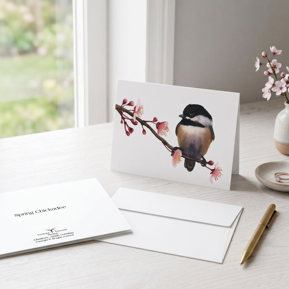 Spring Chickadee Notecard Set — Watercolor, 8 Blank Folded Cards with Envelopes