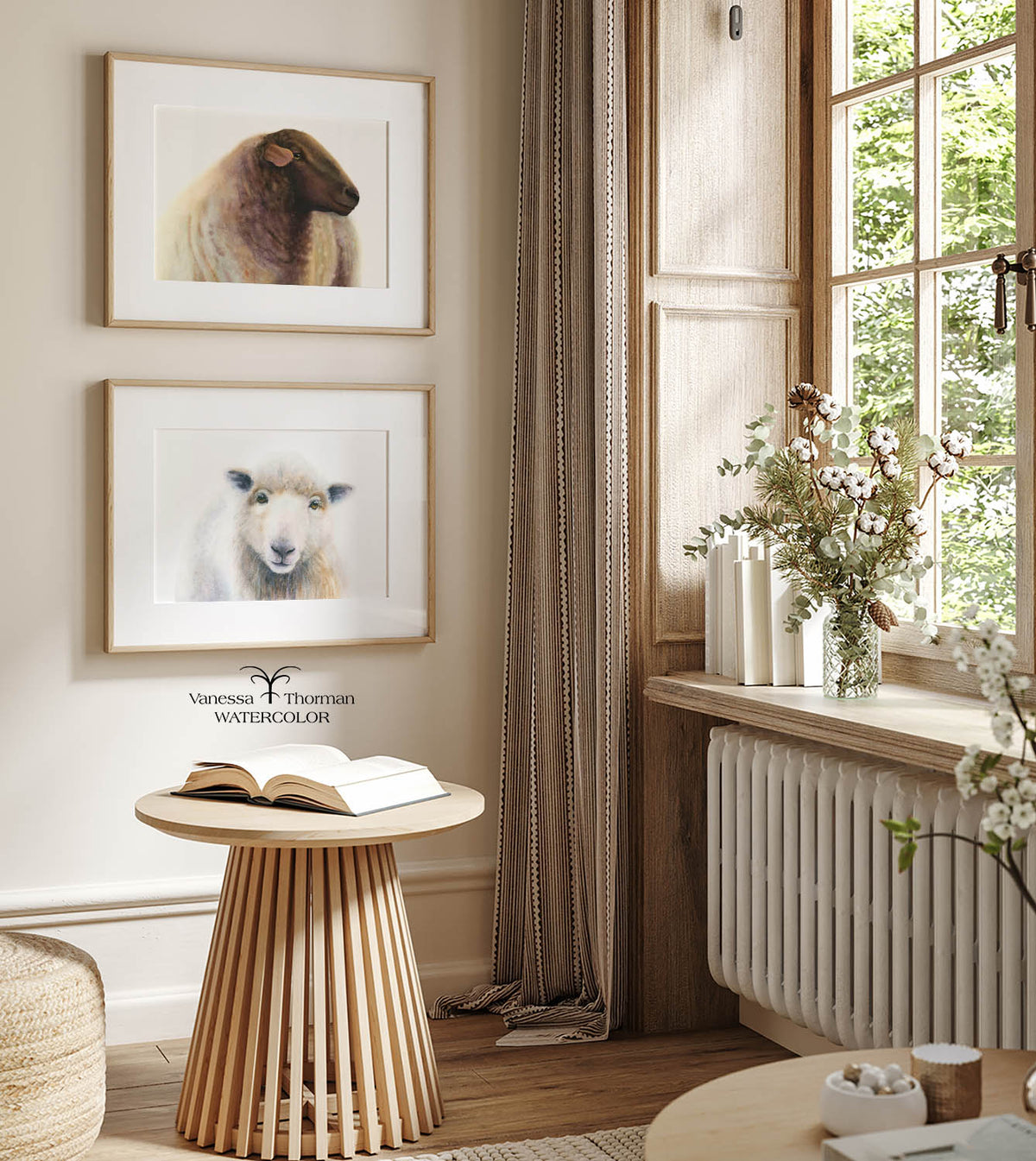 Two framed sheep watercolor art prints displayed together on a wall, including "Theo"