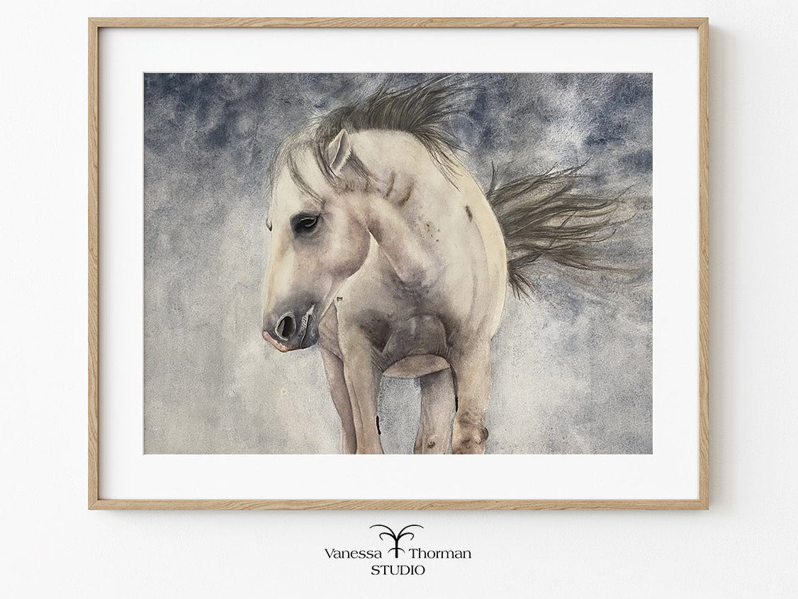 Framed horse watercolor art print on a blue stormy background