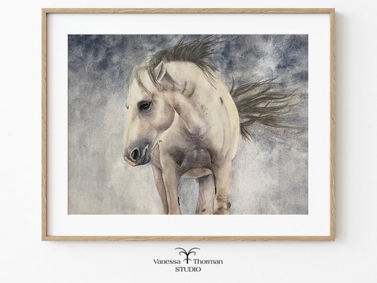 Framed horse watercolor art print on a blue stormy background by Vanessa Thorman