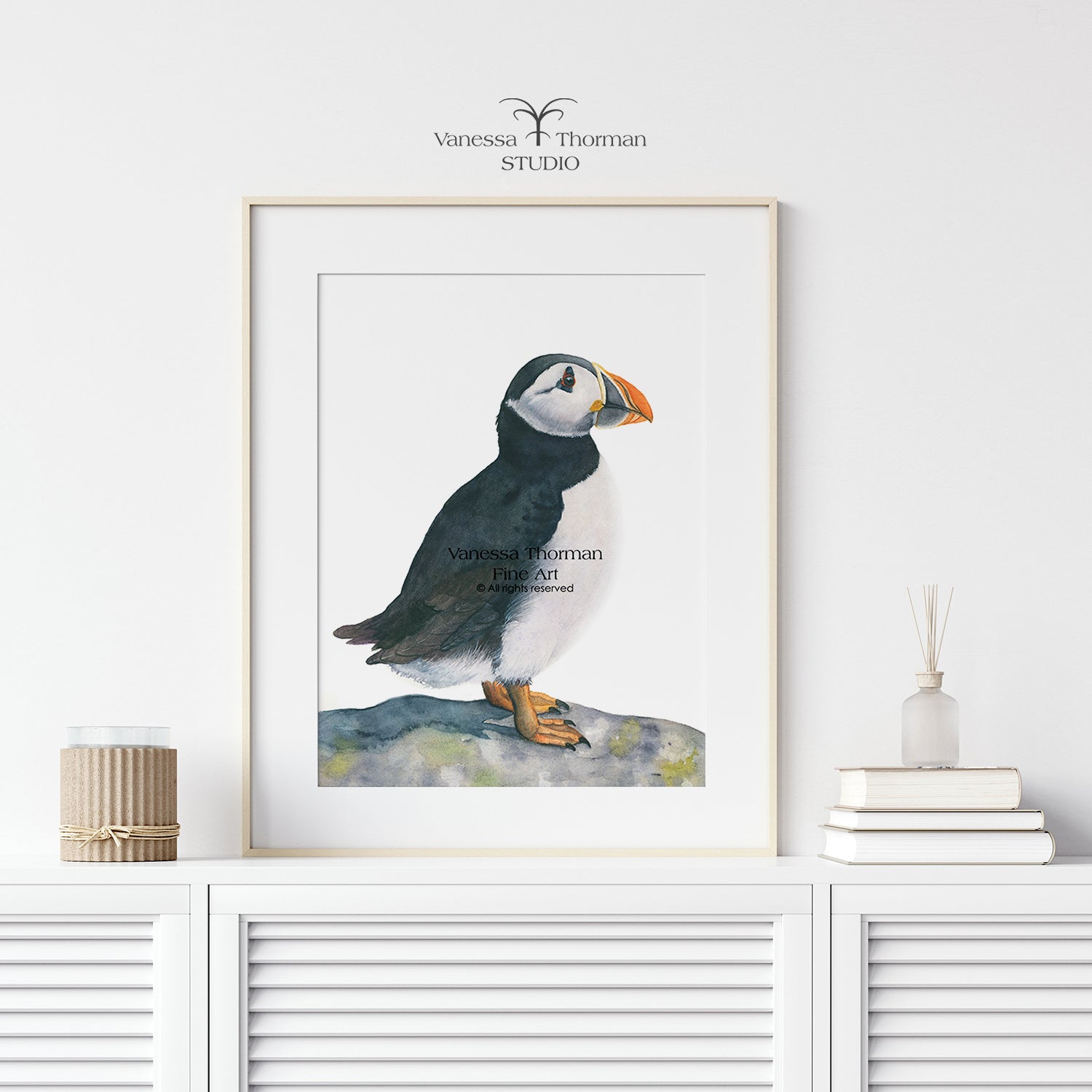 Framed  atlantic puffin watercolor art print by Vanessa Thorman in a white frame