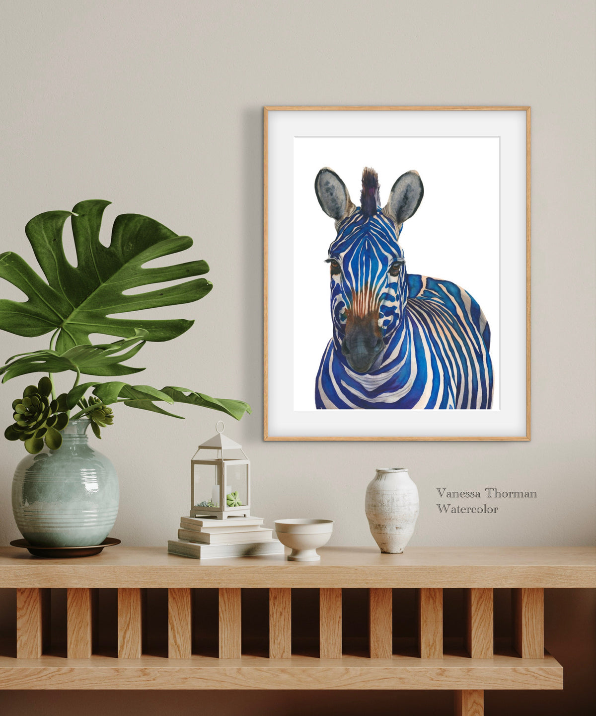 "Azul" blue zebra watercolor art print by Vanessa Thorman, alternate view