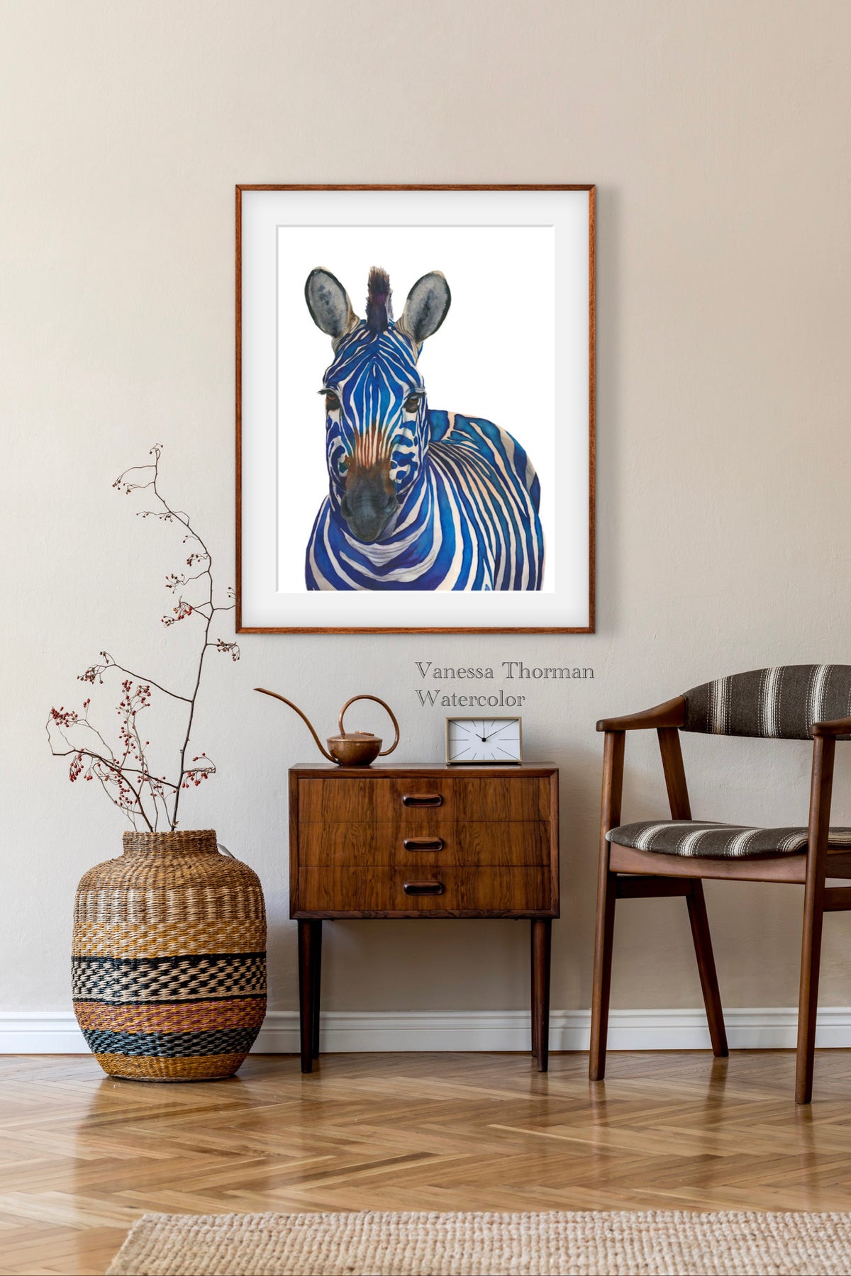 Entryway view of "Azul" blue zebra watercolor art print by Vanessa Thorman