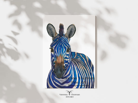 "Azul" blue zebra watercolor art print, unframed, by Vanessa Thorman