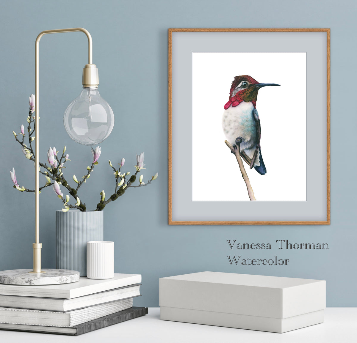 Framed "Bee Hummingbird 2" watercolor art print by Vanessa Thorman, alternate view