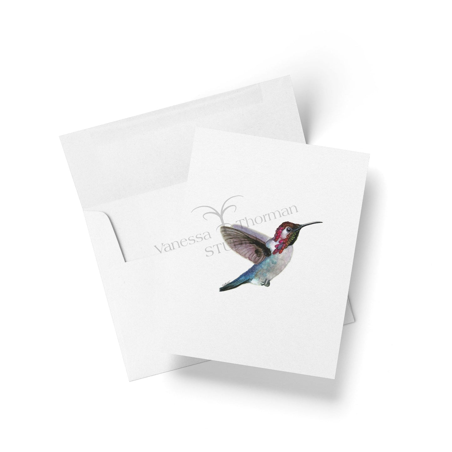 Watercolor notecard featuring a Bee Hummingbird by Vanessa Thorman