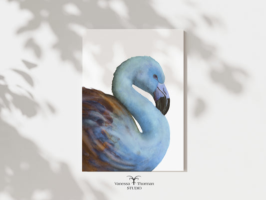Blue Flamingo watercolor art print, unframed, by Vanessa Thorman