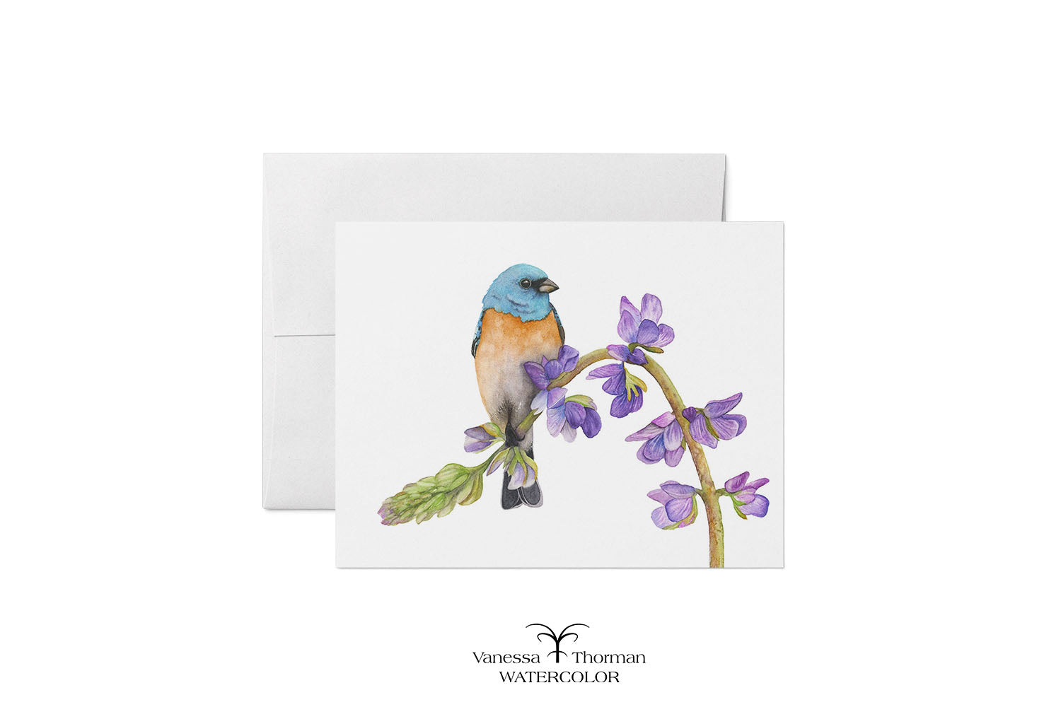 Bunting in Bloom watercolor notecard featuring a Lazuli Bunting by Vanessa Thorman