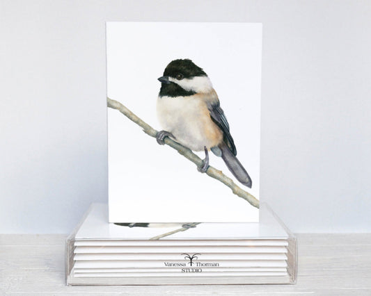 Carolina Chickadee watercolor notecard set with 8 blank folded cards ready for gifting