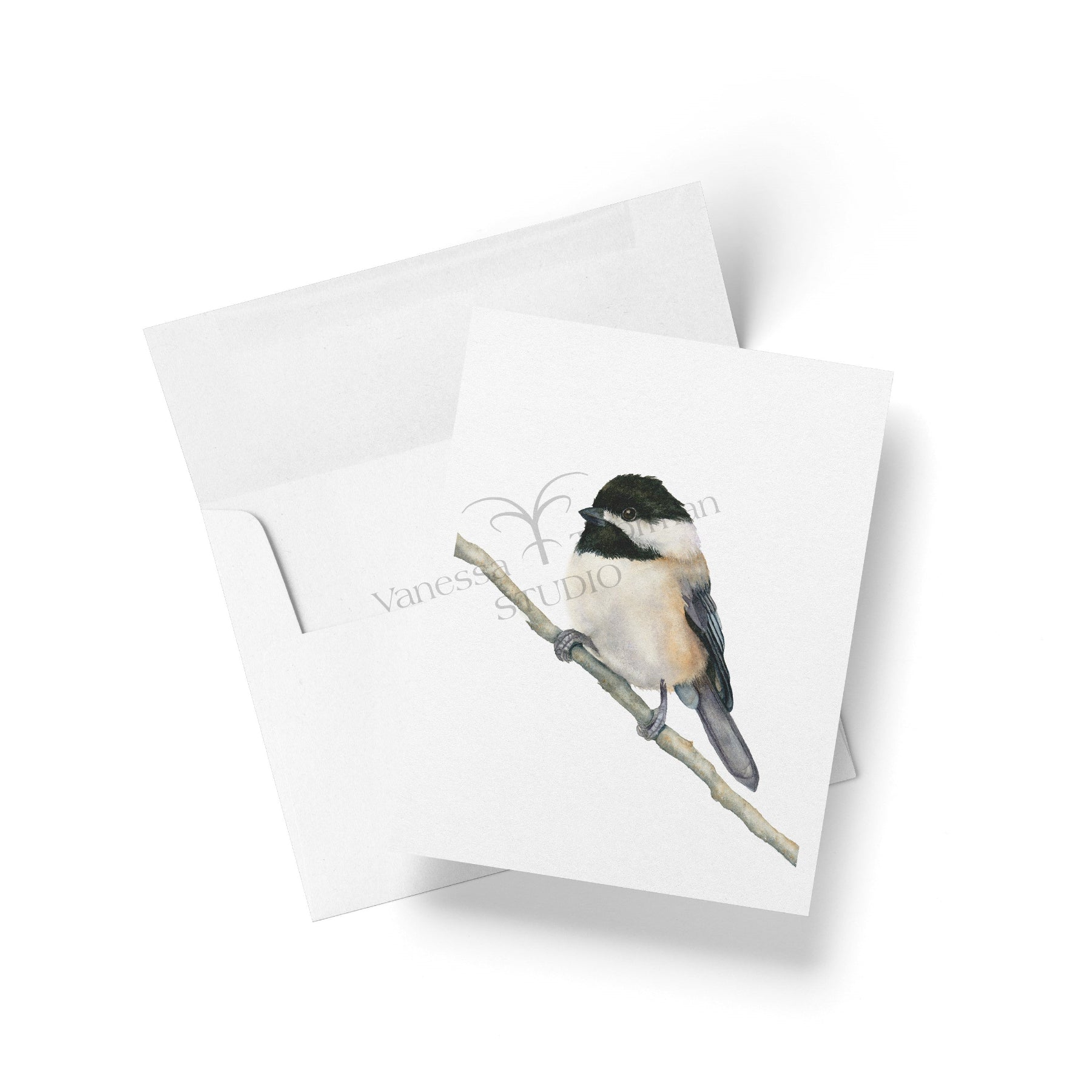 Watercolor notecard featuring a Carolina Chickadee by Vanessa Thorman