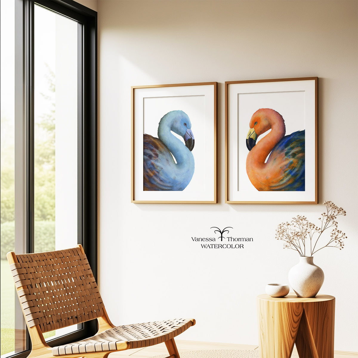 Two framed flamingo watercolor art prints displayed together on a wall