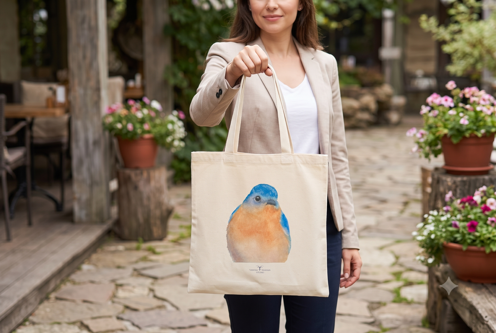 A woman holds up Eastern Bluebird watercolor art canvas tote