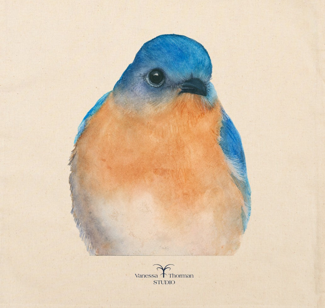 Detailed view of Eastern Bluebird watercolor art canvas tote