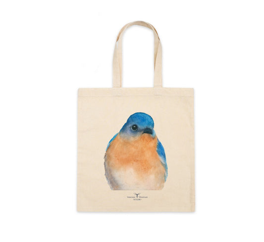 Eastern Bluebird watercolor art canvas tote, front view
