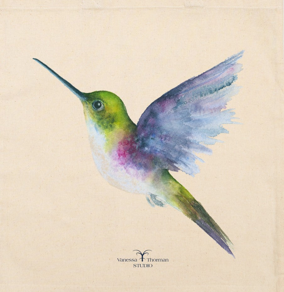 Vibrant hummingbird watercolor art canvas tote, detailed view