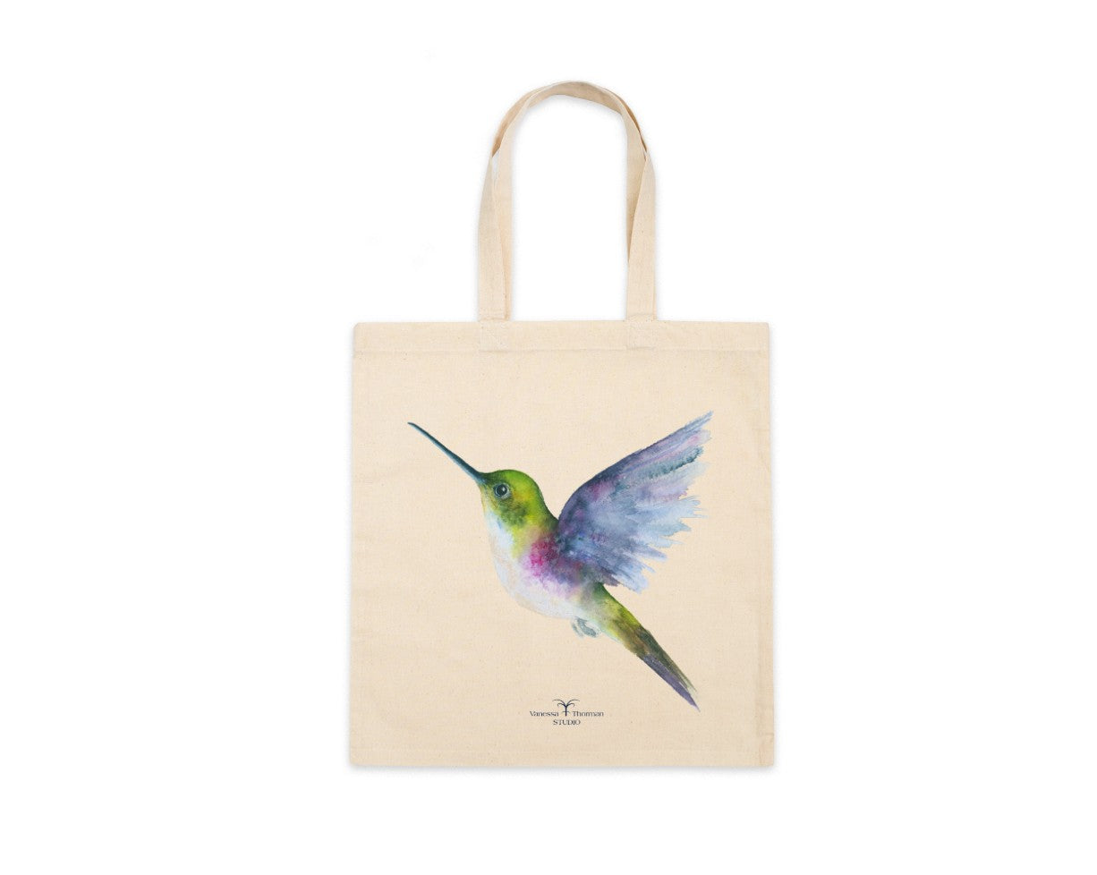 Vibrant hummingbird watercolor art canvas tote, front view