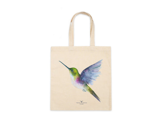 Vibrant hummingbird watercolor art canvas tote, front view