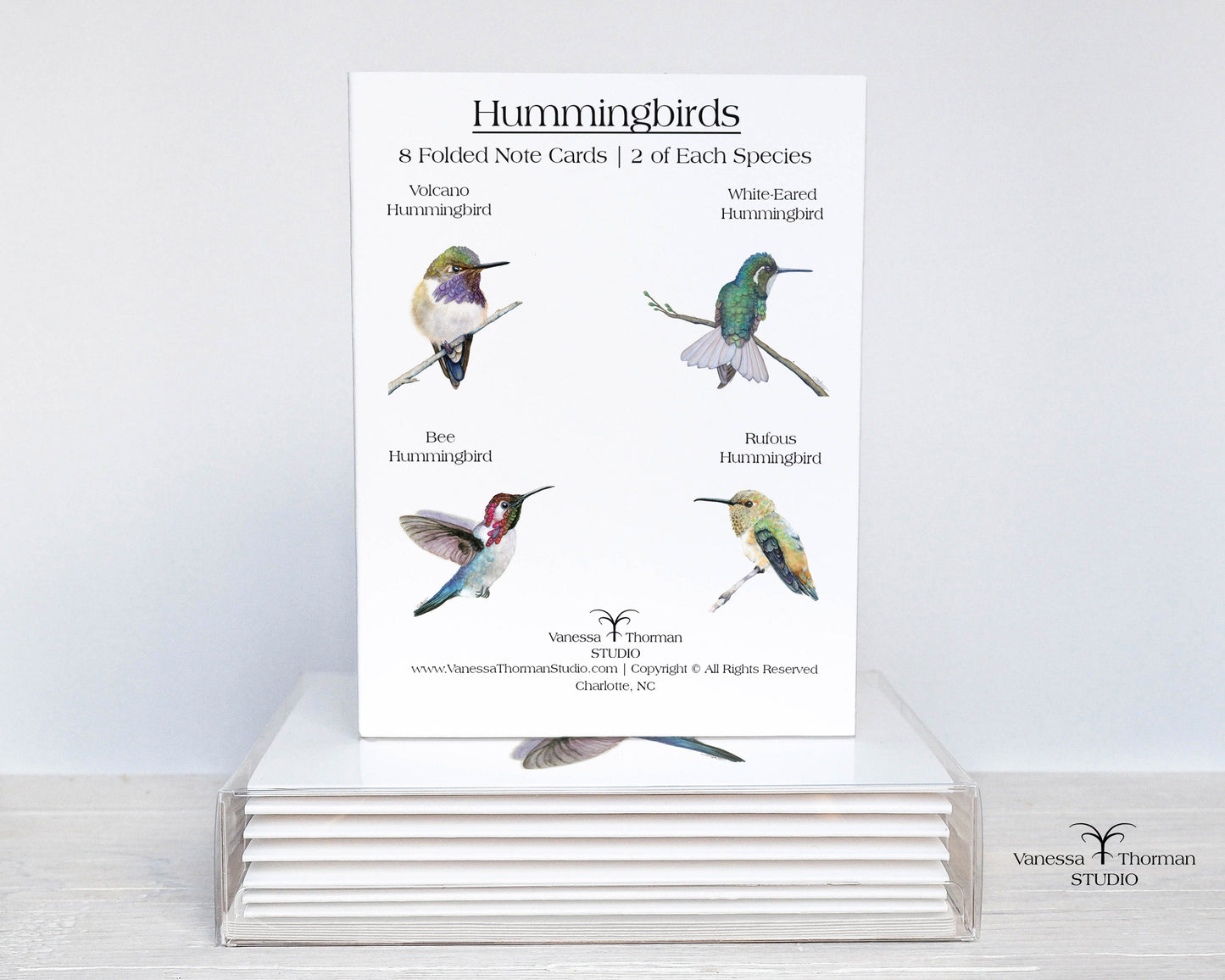 Hummingbirds watercolor notecard set with 8 blank folded cards ready for gifting