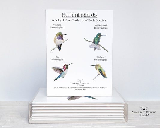 Hummingbirds watercolor notecard set with 8 blank folded cards ready for gifting