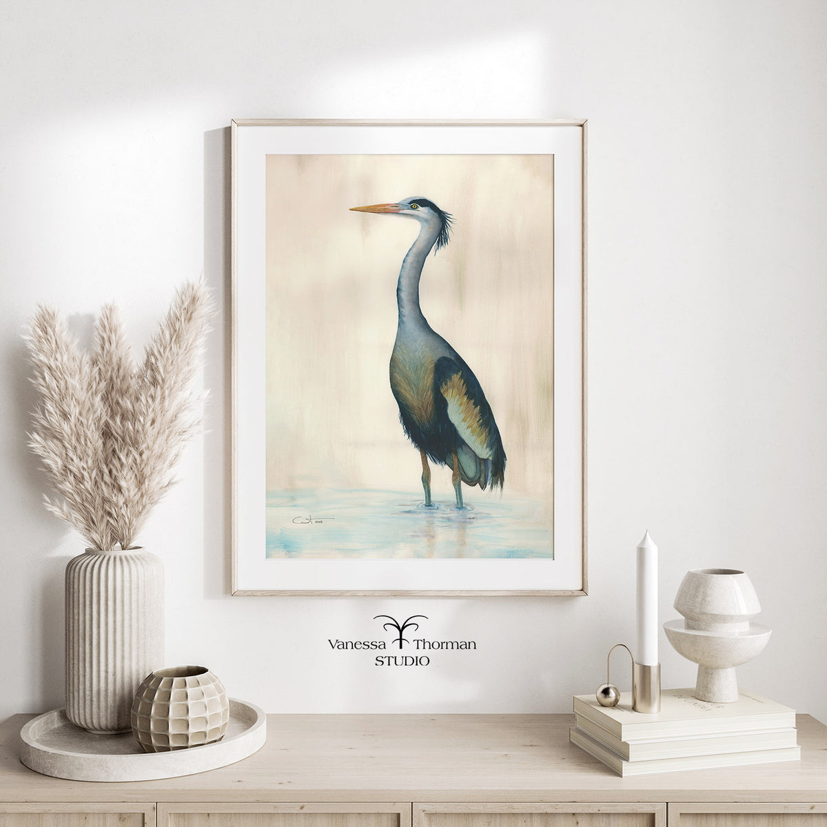 "Marsh Heron in Blue" watercolor art print by Vanessa Thorman in a neutral frame