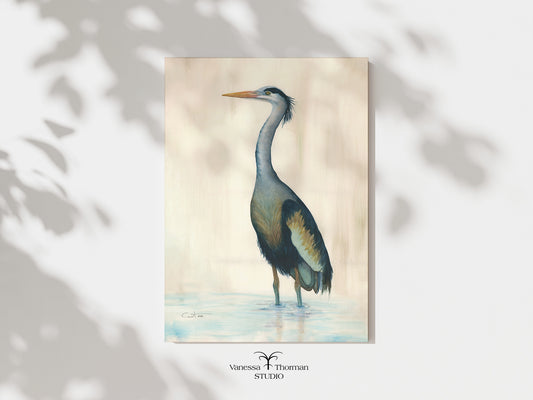 "Marsh Heron in Blue" watercolor art print, unframed, by Vanessa Thorman