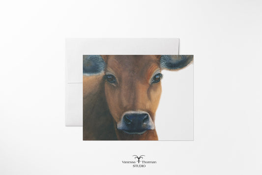 Watercolor notecard featuring Owen the Jersey Cow by Vanessa Thorman