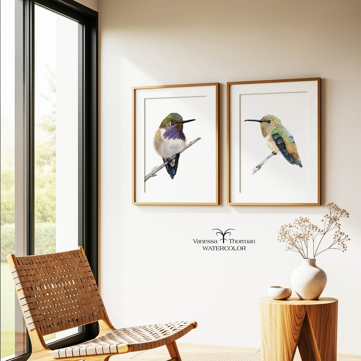 Framed Rufous Hummingbird and Volcano Hummingbird watercolor art prints hanging in an office