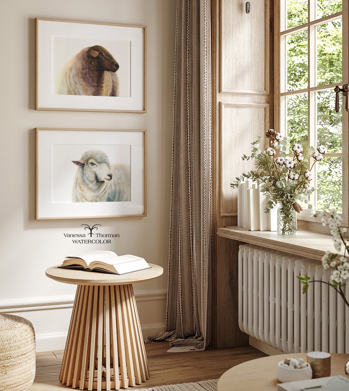 Two framed watercolor art prints displayed together on a wall, including "Duchess" and "Theo"