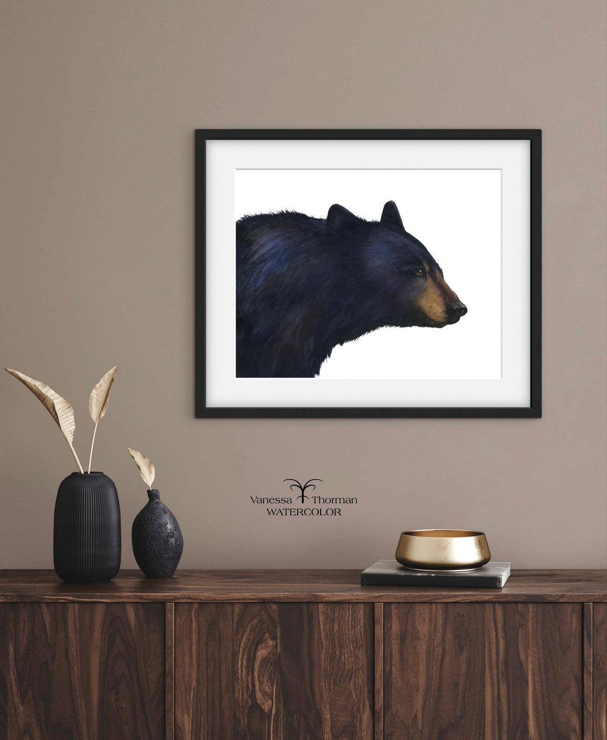 Framed "Shenandoah" black bear watercolor art print by Vanessa Thorman, alternate view