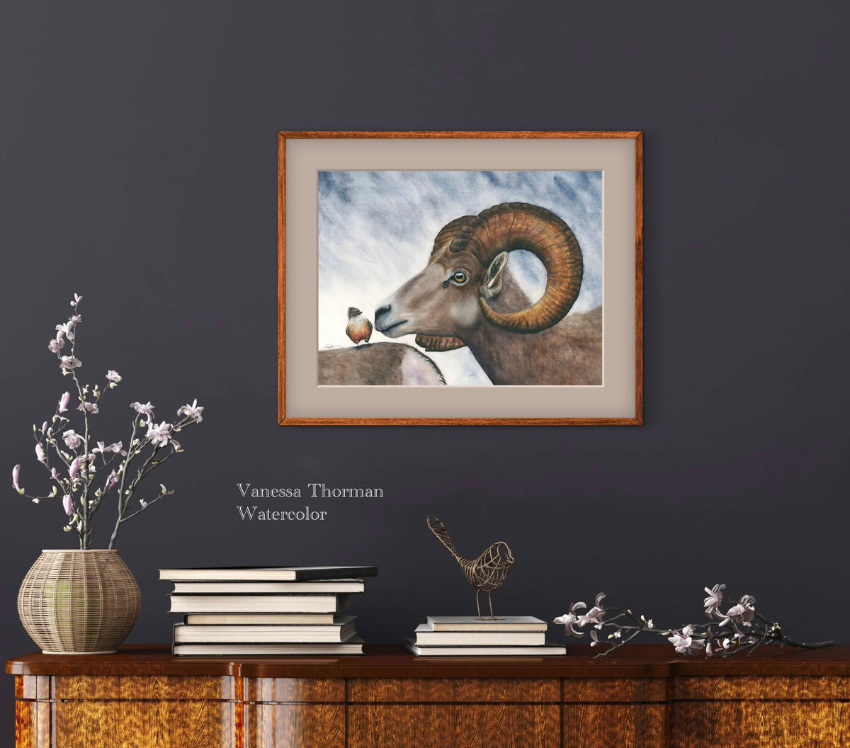 Framed "Small Talk" bighorn sheep watercolor art print by Vanessa Thorman, alternate view