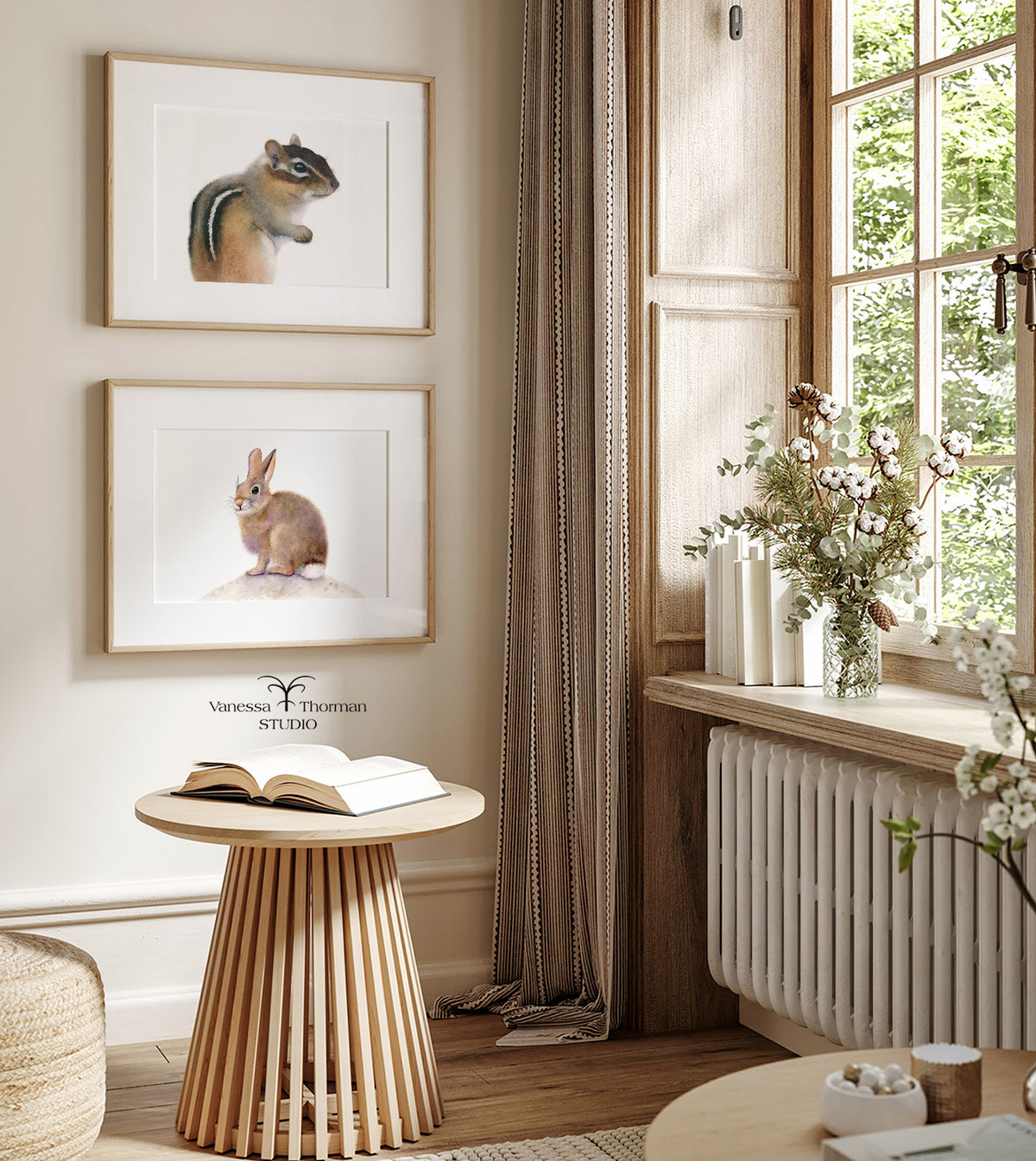Two framed watercolor art prints displayed together on a wall, including "Some Bunny to Love"