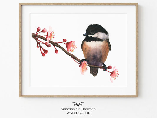 Framed "Spring Chickadee" watercolor art print on a white background by Vanessa Thorman